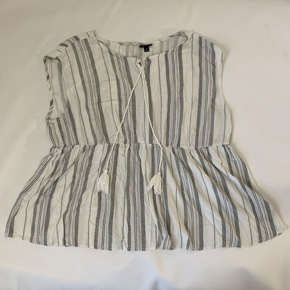 Torrid Shirt Blouse Women 2X White Stripe Tassel Peplum Boho Nautical‎ Preppy